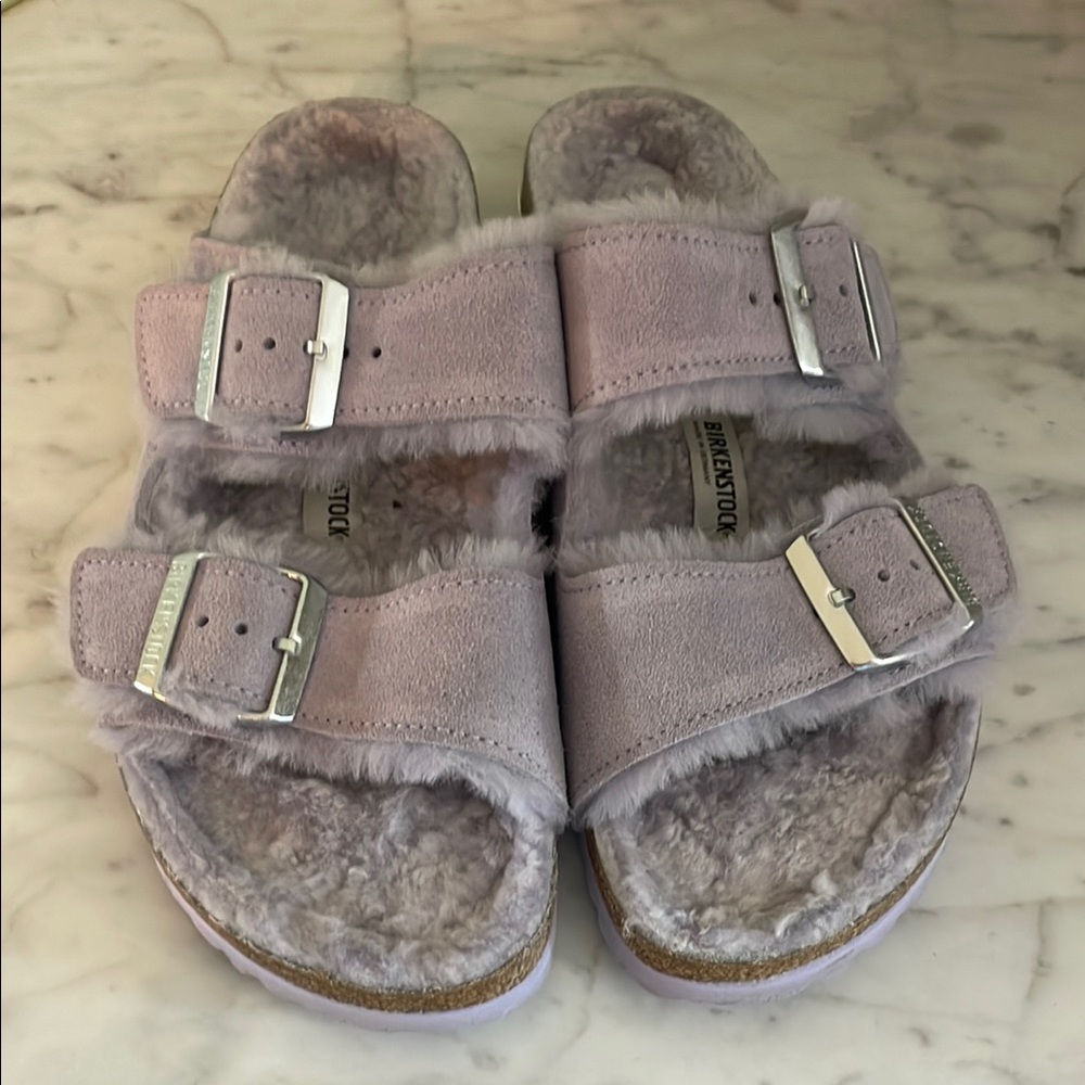 Birkenstock Lilac Shearling Buckle Sandals